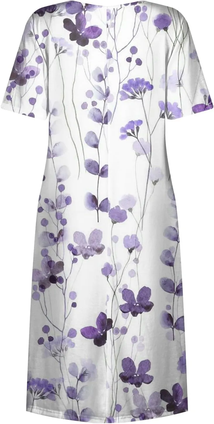 SGASY Plus Size Summer Dress 2024 Womens Short Sleeve Boho Floral Tshirt Dress Casual Loose Beach Vacation Midi Dresses
