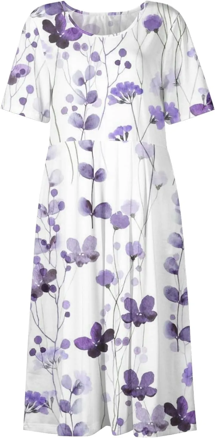 SGASY Plus Size Summer Dress 2024 Womens Short Sleeve Boho Floral Tshirt Dress Casual Loose Beach Vacation Midi Dresses