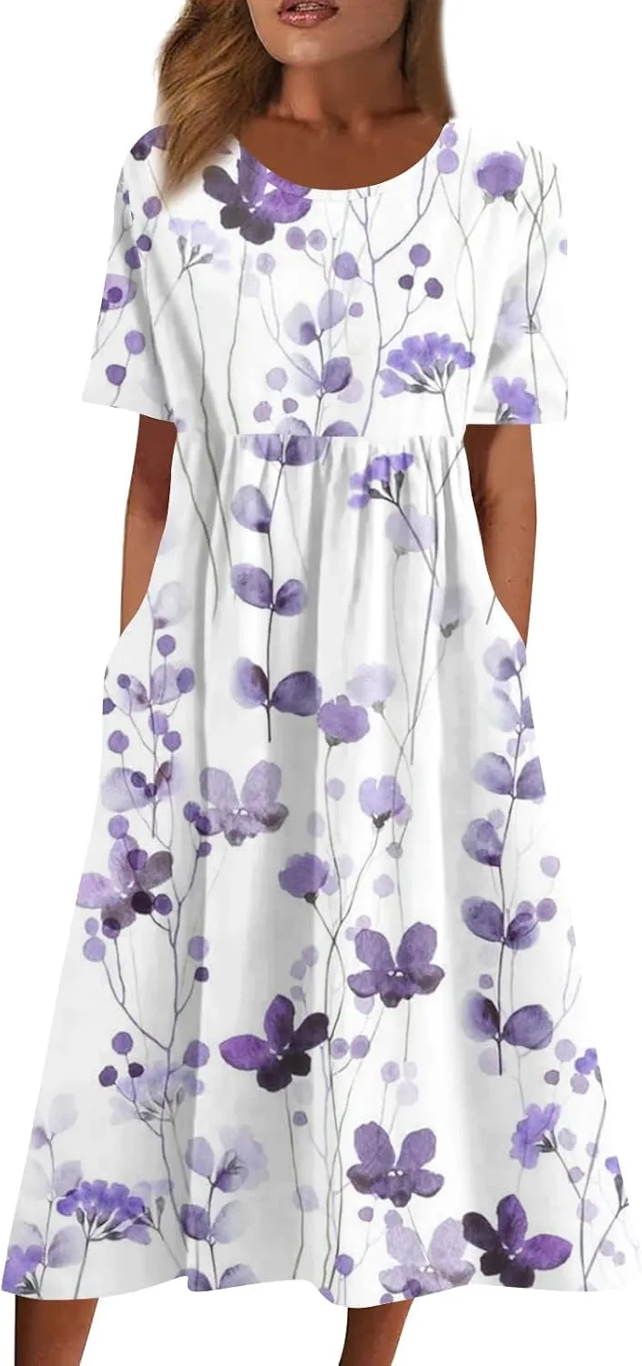 SGASY Plus Size Summer Dress 2024 Womens Short Sleeve Boho Floral Tshirt Dress Casual Loose Beach Vacation Midi Dresses