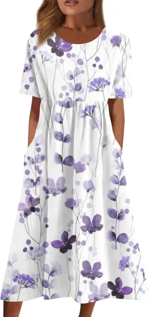SGASY Plus Size Summer Dress 2024 Womens Short Sleeve Boho Floral Tshirt Dress Casual Loose Beach Vacation Midi Dresses