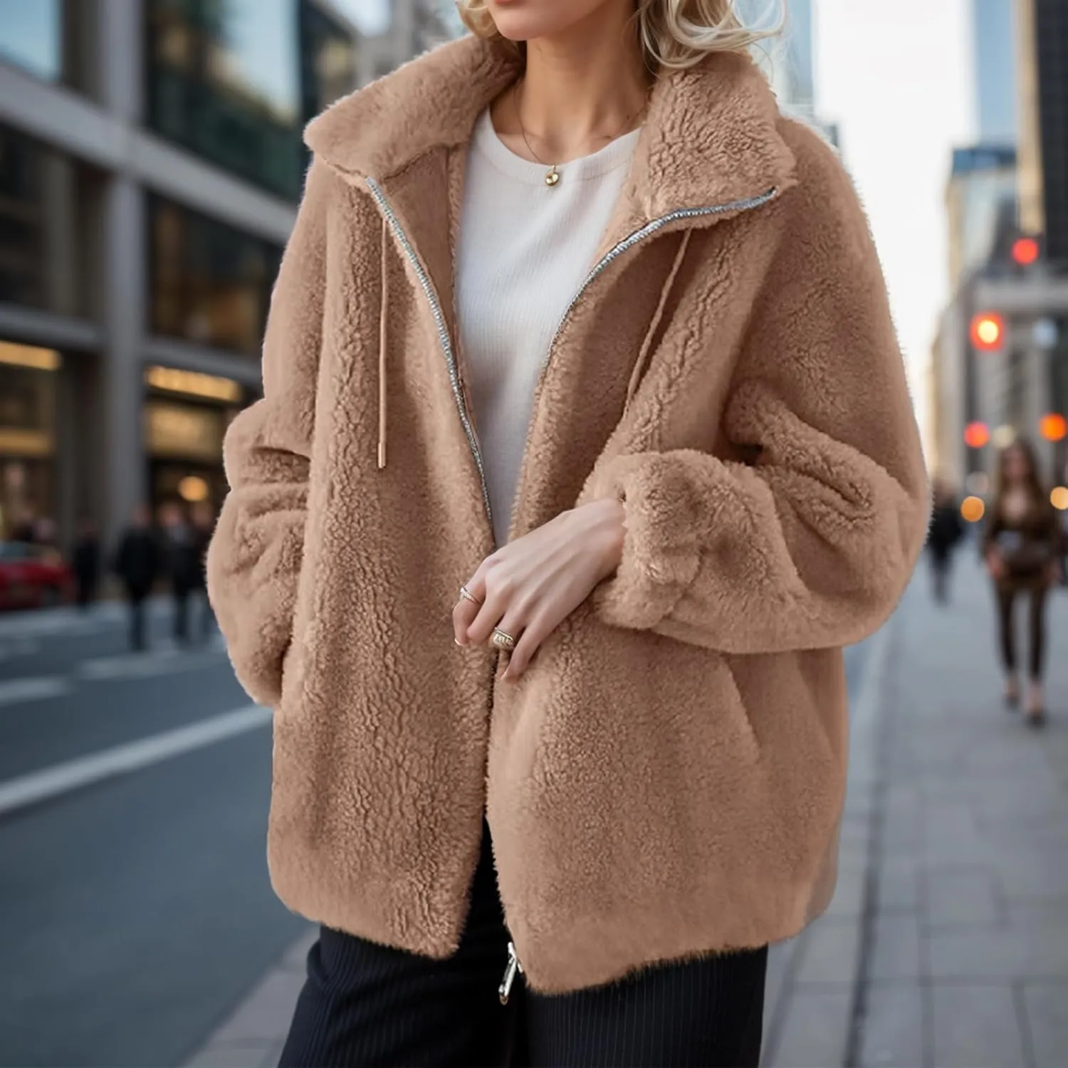 Sherpa Jackets for Women Fuzzy Fleece Zip Up Hoodie Oversized Winter Warm Teddy Coats Outdoor Outerwear