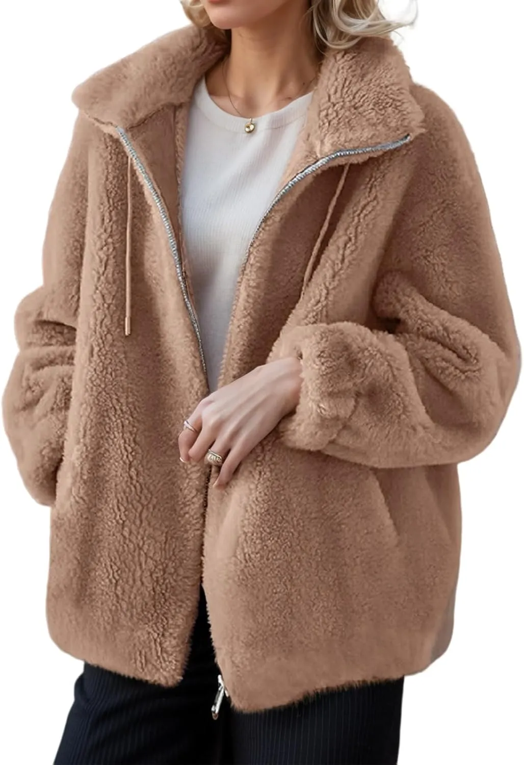 Sherpa Jackets for Women Fuzzy Fleece Zip Up Hoodie Oversized Winter Warm Teddy Coats Outdoor Outerwear