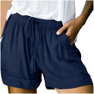 Short Pants Womens Summer Solid Color Causal Comfy Loose Fit Trousers with Pockets Drawstring Straight Leg Lounge Pants