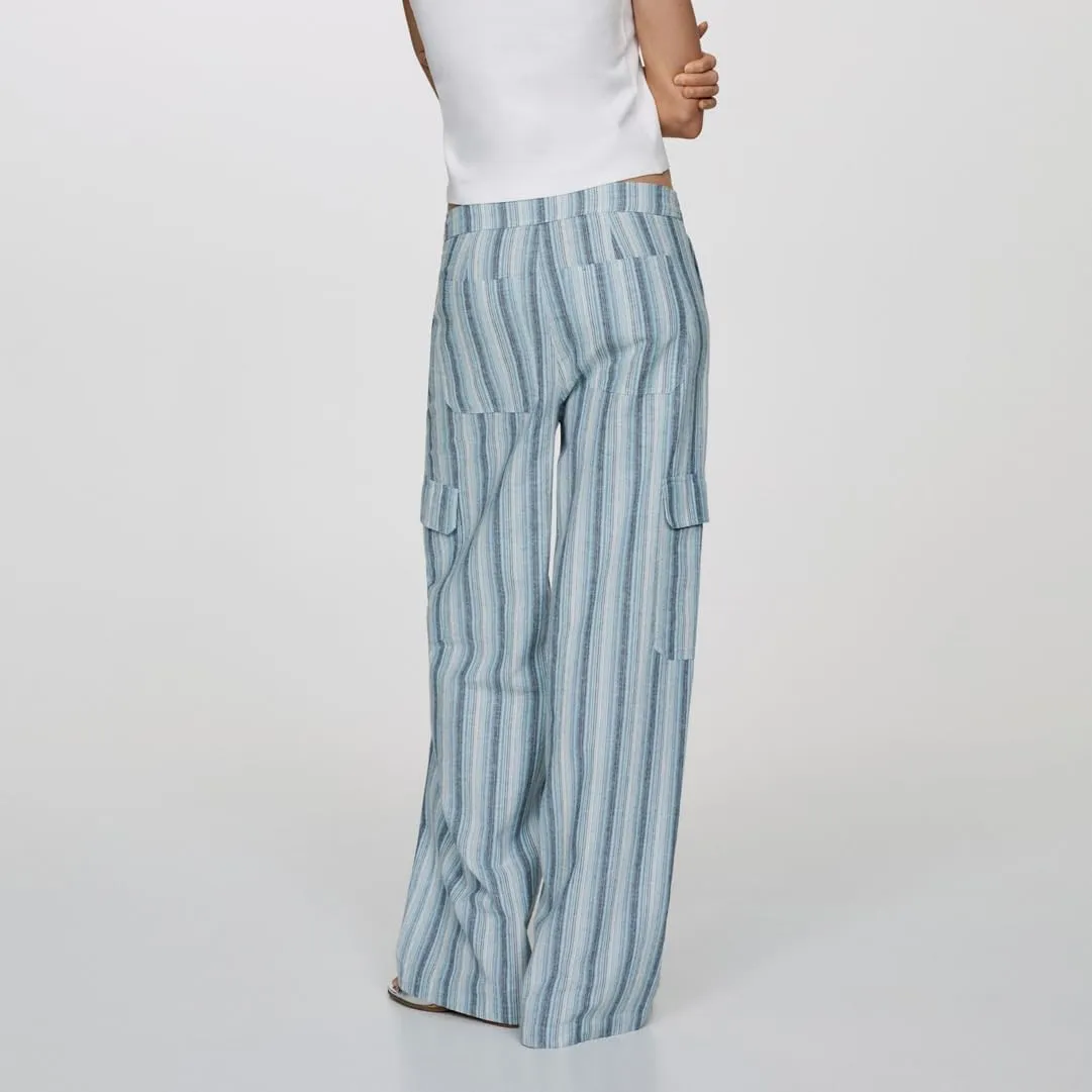SOLILOQUY Women Boho Wide Leg Beach Pants Drawstring Elastic Waist Wide Leg Flowy Striped Pants Lounge Pants with Pockets