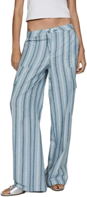 SOLILOQUY Women Boho Wide Leg Beach Pants Drawstring Elastic Waist Wide Leg Flowy Striped Pants Lounge Pants with Pockets