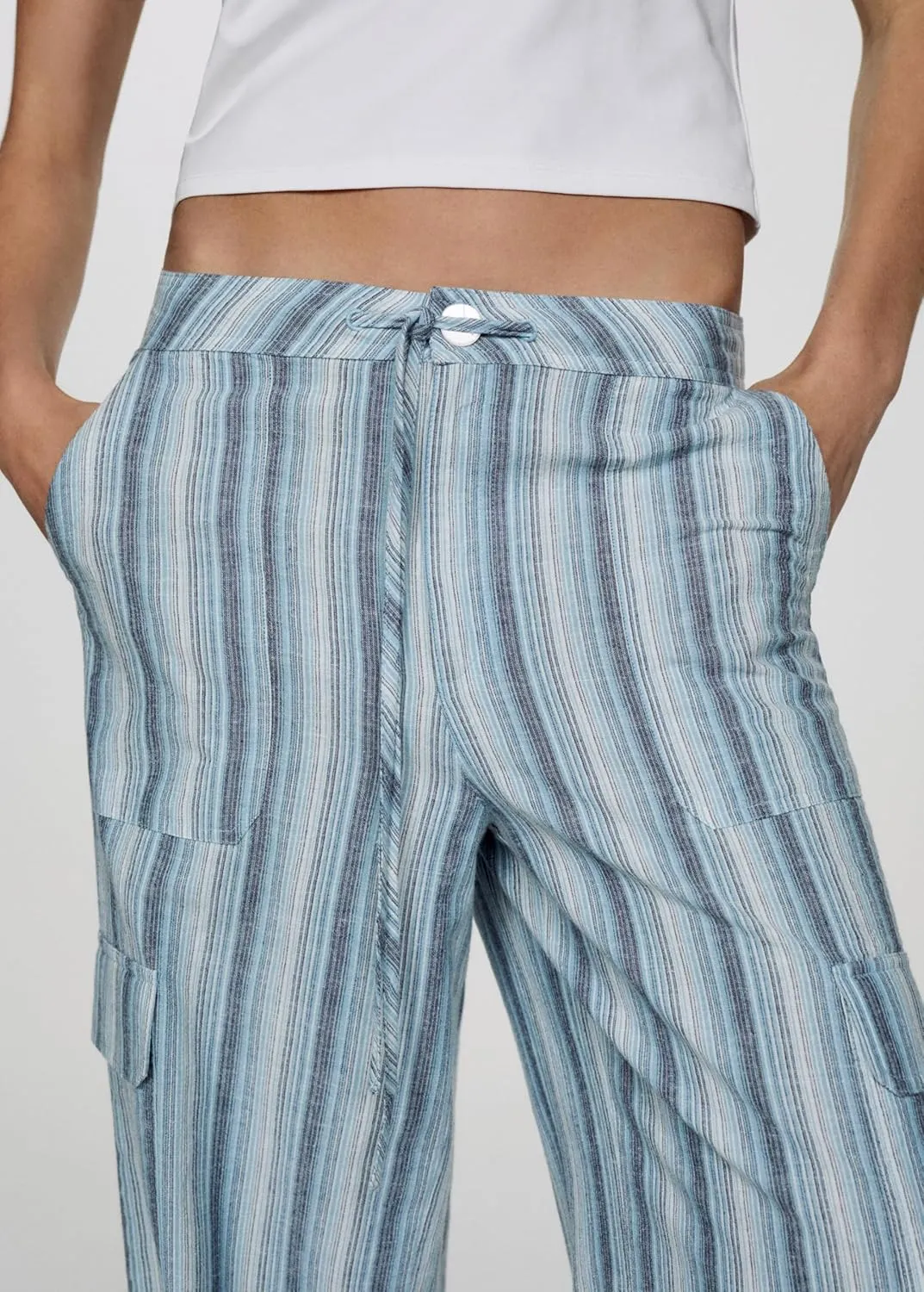 SOLILOQUY Women Boho Wide Leg Beach Pants Drawstring Elastic Waist Wide Leg Flowy Striped Pants Lounge Pants with Pockets