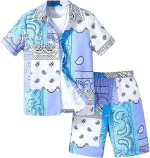 SOLY HUX Boy's Summer 2 Piece Outfits Boho Paisley Print Short Sleeve Button Down Shirt and Shorts Set