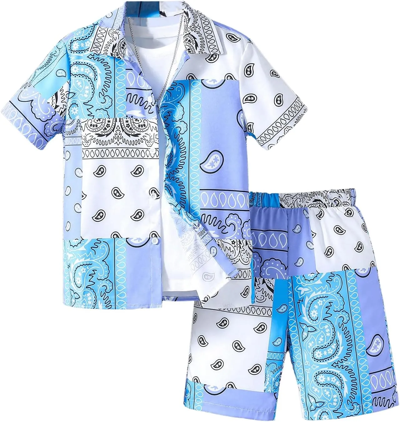 SOLY HUX Boy's Summer 2 Piece Outfits Boho Paisley Print Short Sleeve Button Down Shirt and Shorts Set