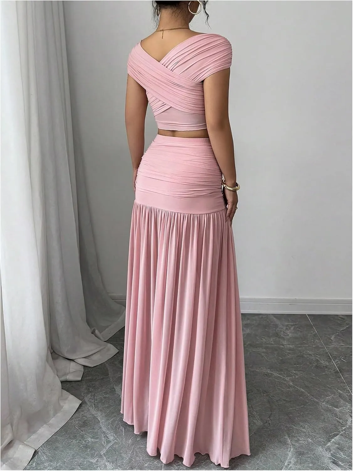 SOLY HUX Women's 2 Piece Outfits Off the Shoulder Criss Cross Wrap Crop Tops and Ruched Ruffle Maxi Skirt Set