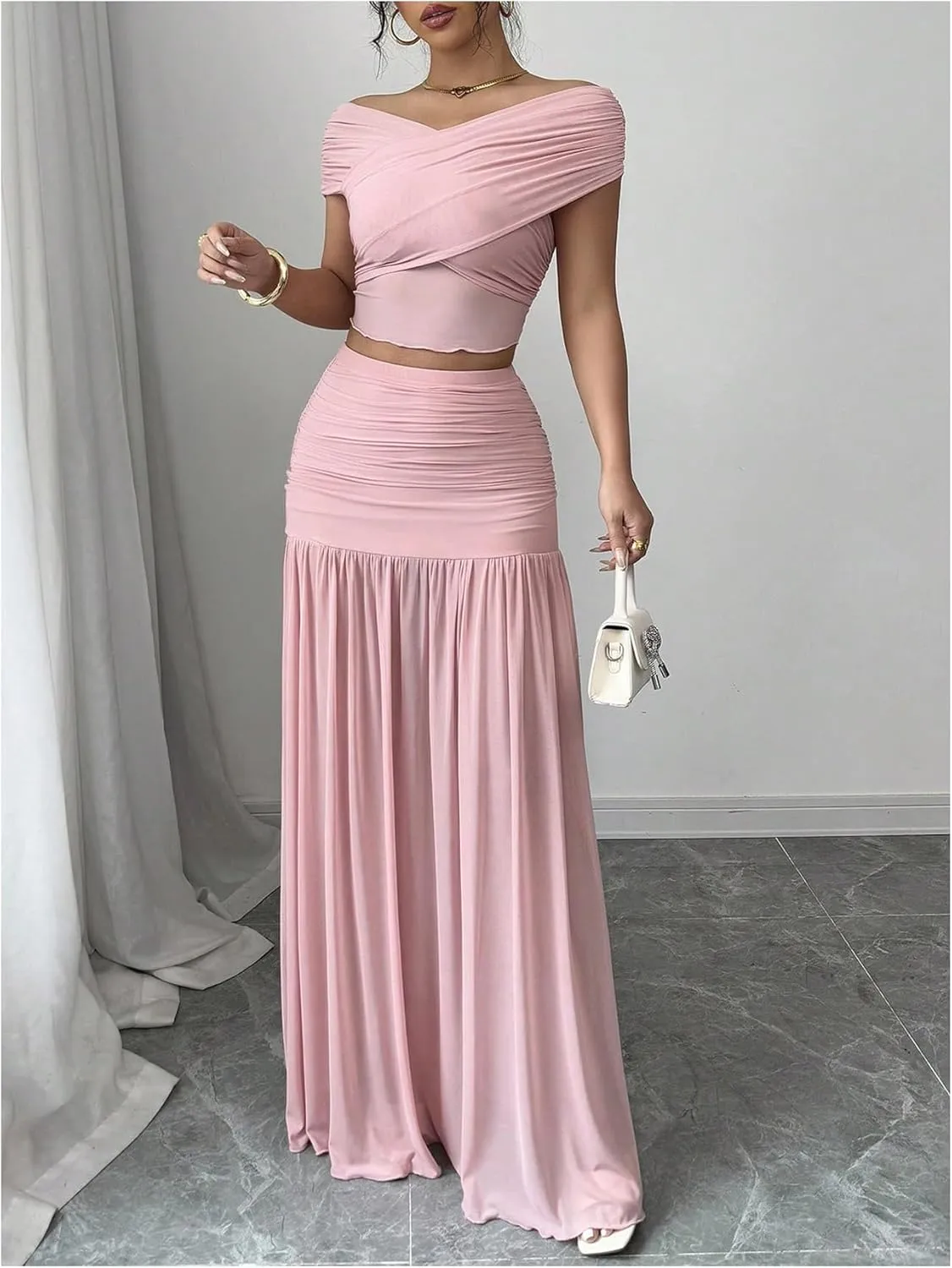 SOLY HUX Women's 2 Piece Outfits Off the Shoulder Criss Cross Wrap Crop Tops and Ruched Ruffle Maxi Skirt Set