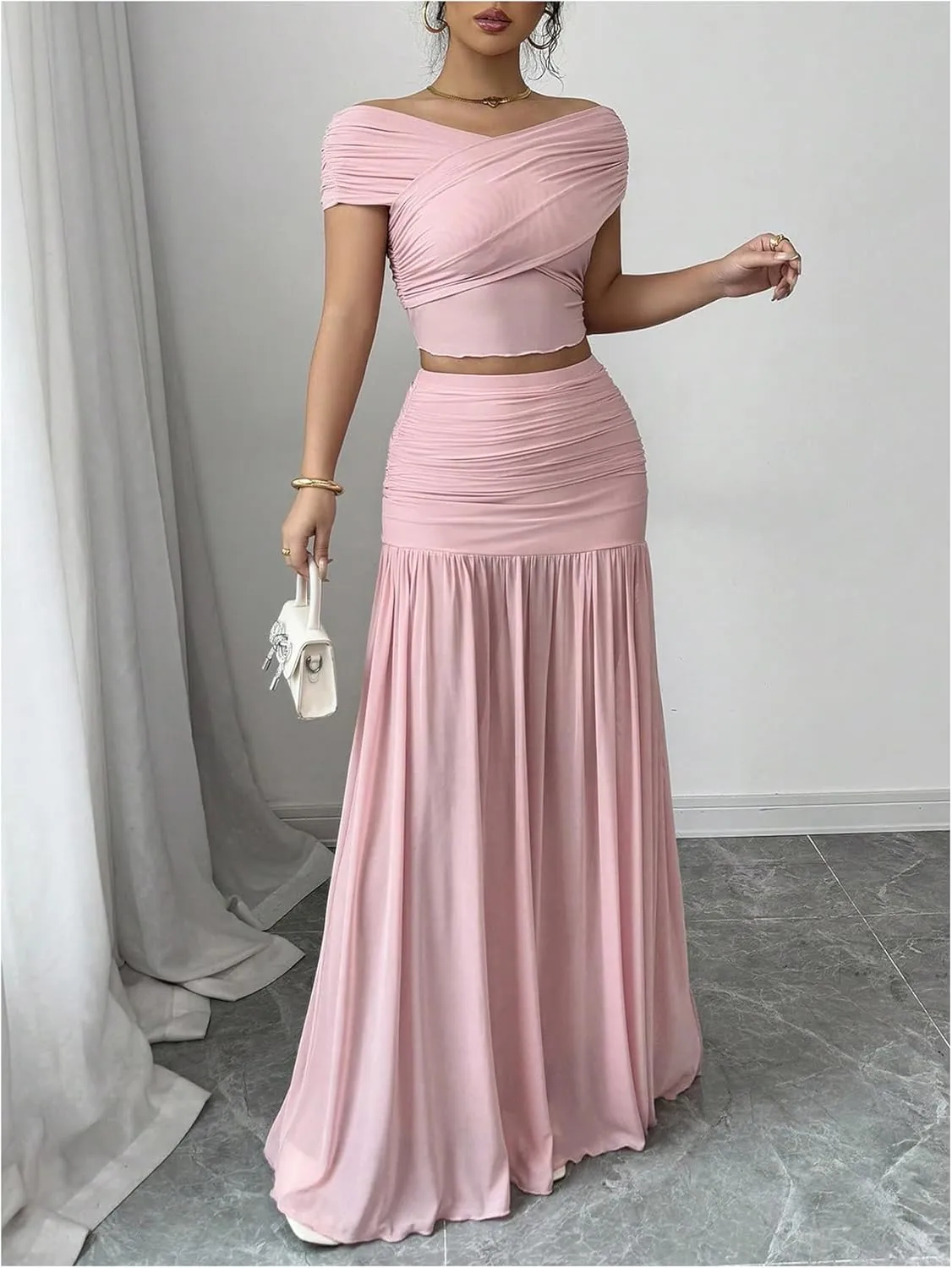 SOLY HUX Women's 2 Piece Outfits Off the Shoulder Criss Cross Wrap Crop Tops and Ruched Ruffle Maxi Skirt Set