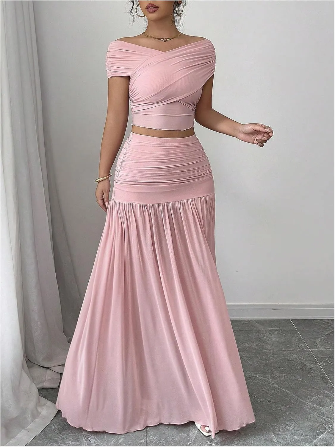 SOLY HUX Women's 2 Piece Outfits Off the Shoulder Criss Cross Wrap Crop Tops and Ruched Ruffle Maxi Skirt Set