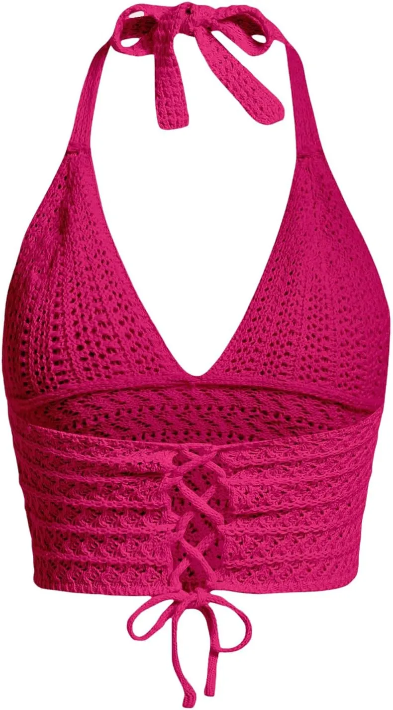 SOLY HUX Womens Crochet Halter Crop Tops Summer Sexy Knitted V Neck Sleeveless Camisole Y2K Top