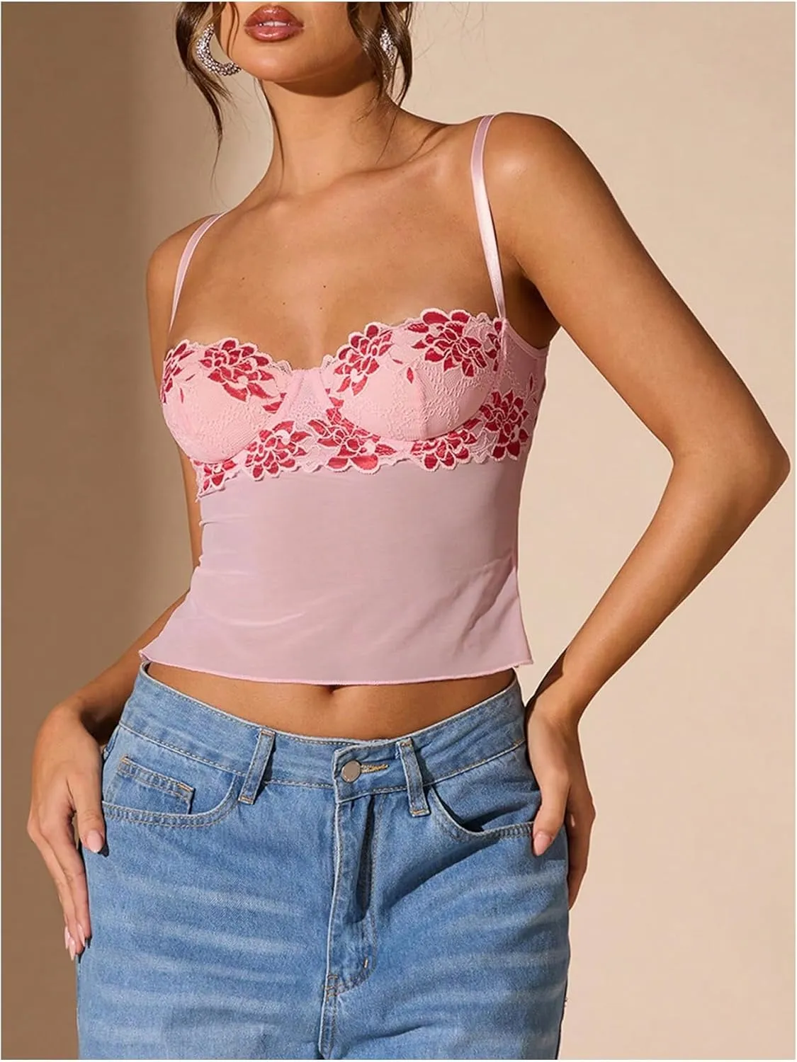 SOLY HUX Women's Floral Lace Trim Camisole Spaghetti Strap Fitted Shirt Top Summer Crop Cami Tops