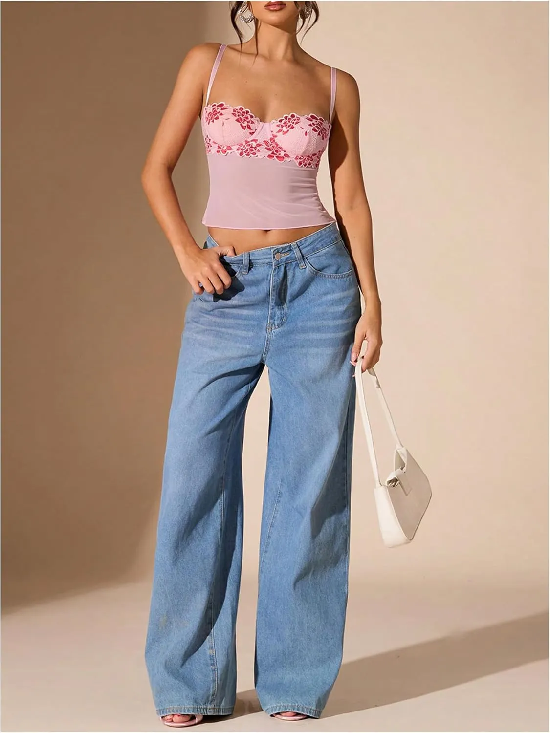 SOLY HUX Women's Floral Lace Trim Camisole Spaghetti Strap Fitted Shirt Top Summer Crop Cami Tops
