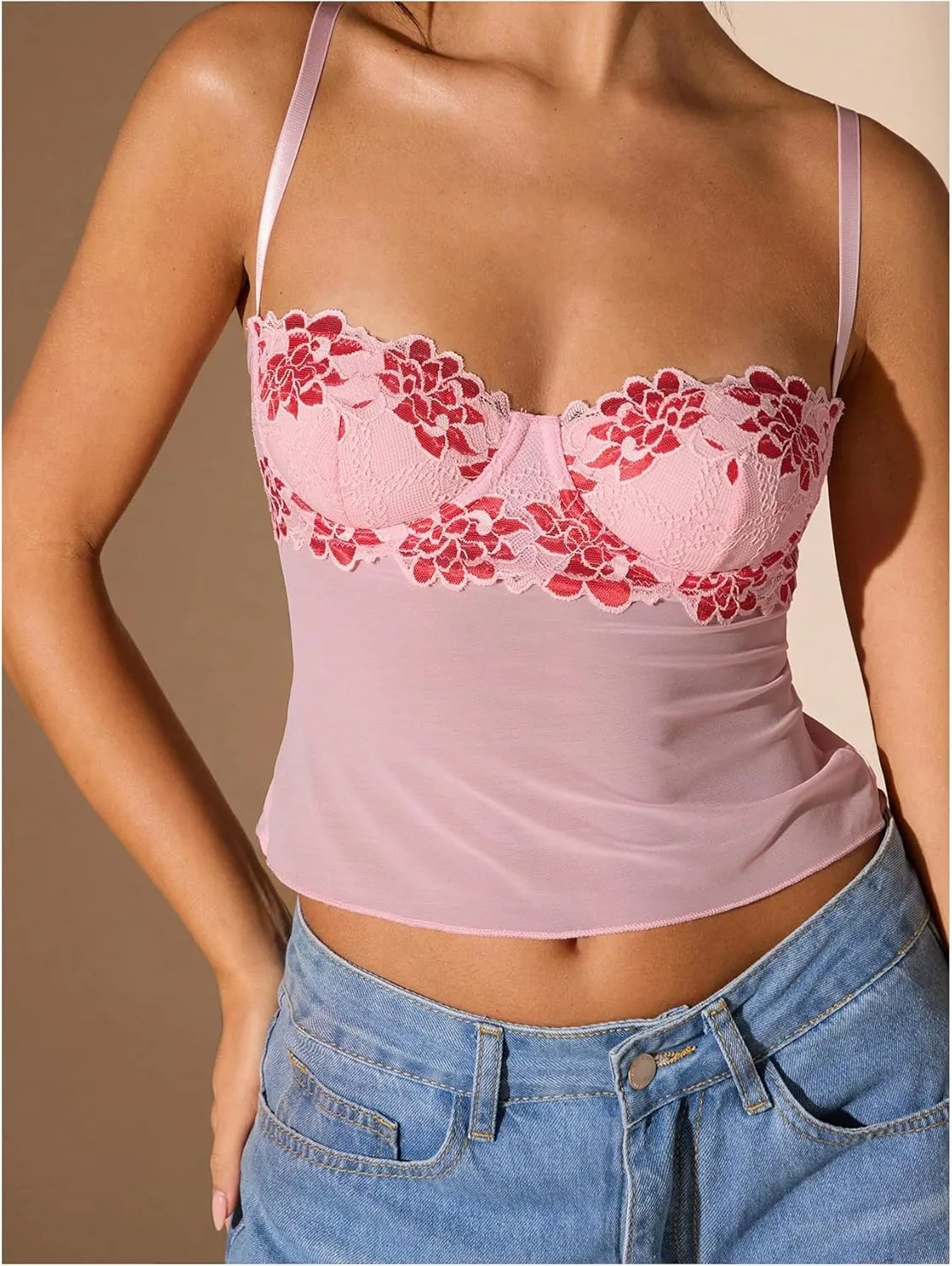 SOLY HUX Women's Floral Lace Trim Camisole Spaghetti Strap Fitted Shirt Top Summer Crop Cami Tops