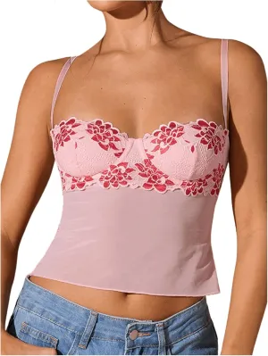 SOLY HUX Women's Floral Lace Trim Camisole Spaghetti Strap Fitted Shirt Top Summer Crop Cami Tops