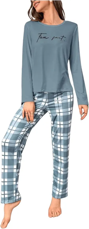 SOLY HUX Women's Plaid Pajama Set Letter Print Long Sleeve Sleepwear Tee Tops and Pants Loungewear