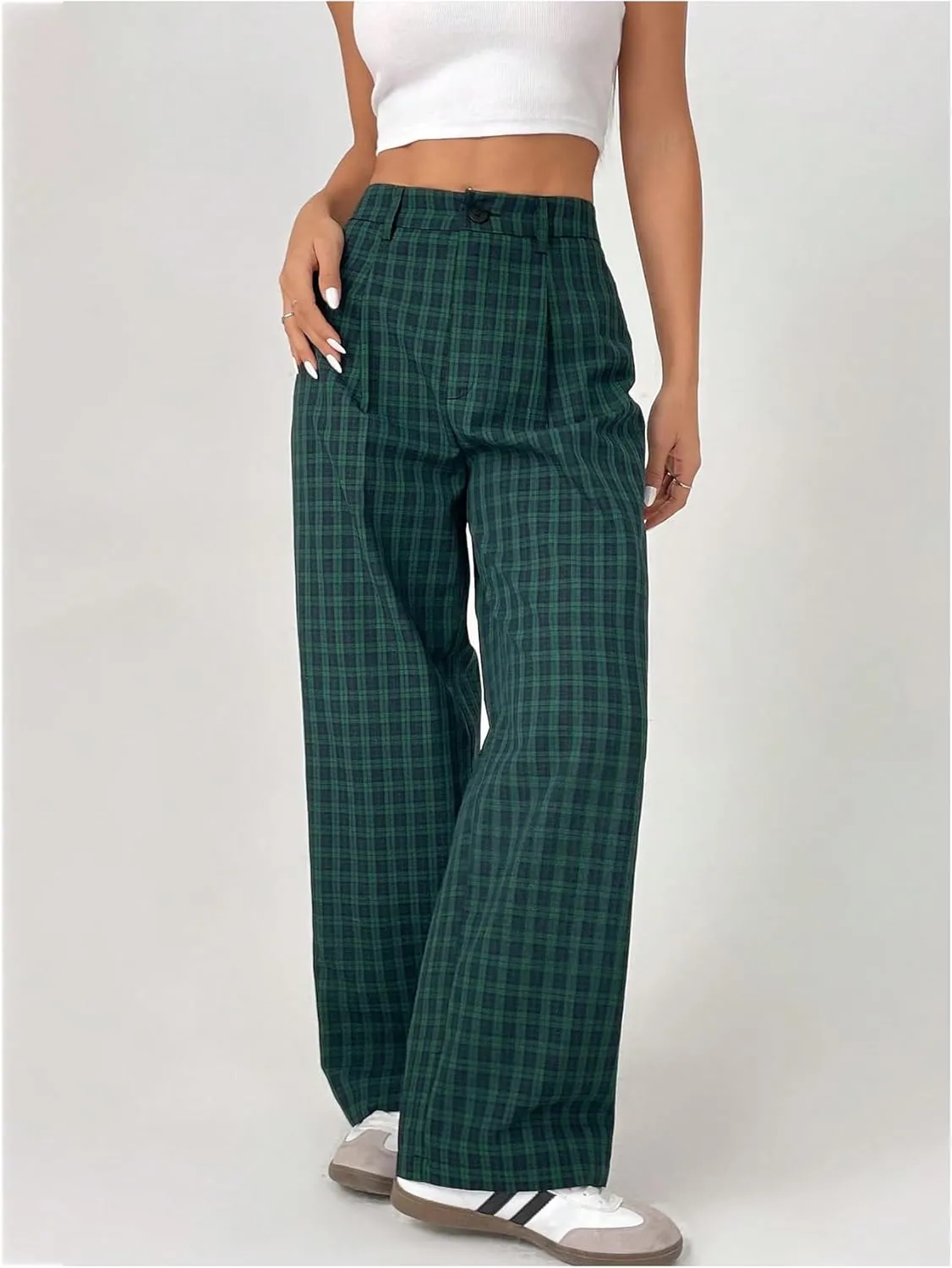 SOLY HUX Women's Plaid Pants Gingham High Waisted Baggy Straight Leg Casual Long Trousers