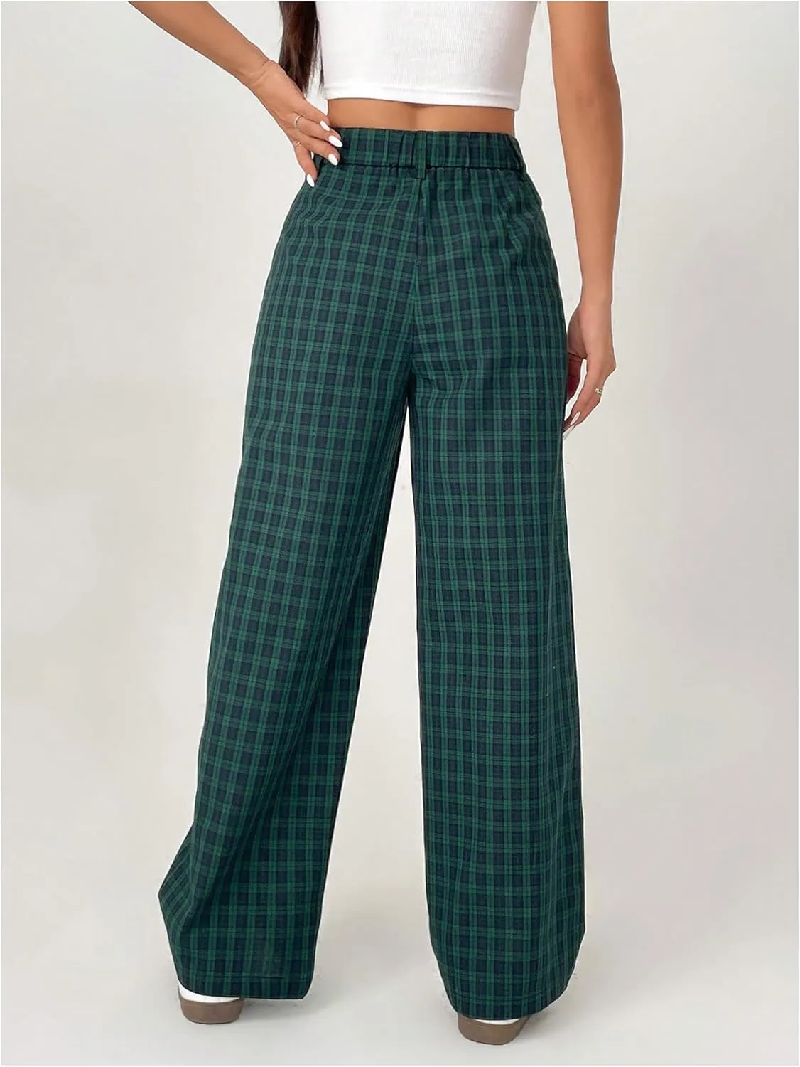 SOLY HUX Women's Plaid Pants Gingham High Waisted Baggy Straight Leg Casual Long Trousers