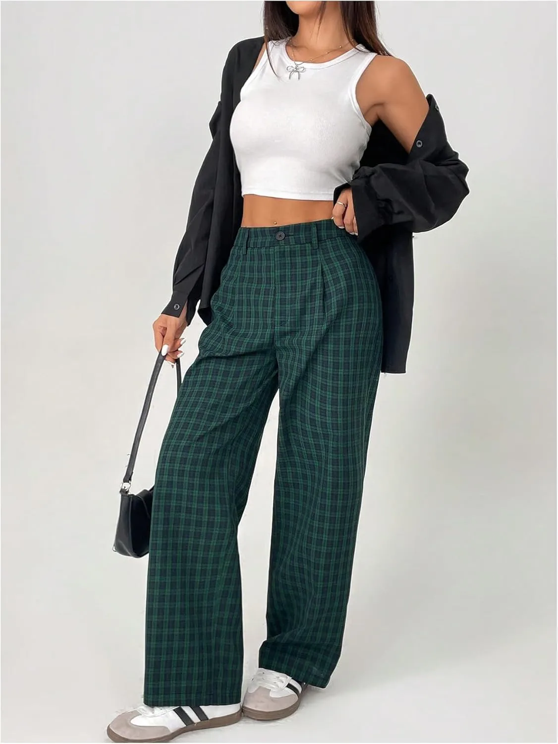 SOLY HUX Women's Plaid Pants Gingham High Waisted Baggy Straight Leg Casual Long Trousers