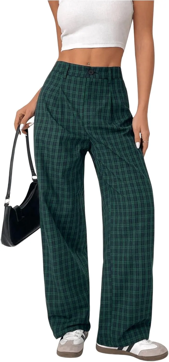 SOLY HUX Women's Plaid Pants Gingham High Waisted Baggy Straight Leg Casual Long Trousers