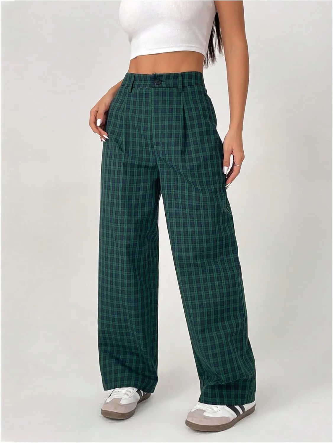 SOLY HUX Women's Plaid Pants Gingham High Waisted Baggy Straight Leg Casual Long Trousers
