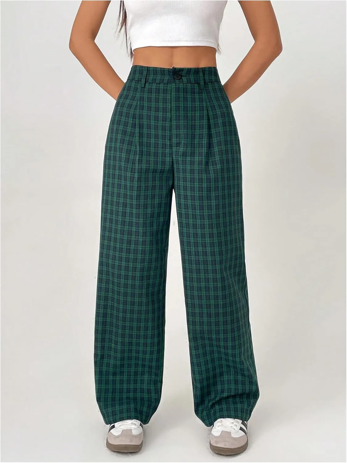 SOLY HUX Women's Plaid Pants Gingham High Waisted Baggy Straight Leg Casual Long Trousers
