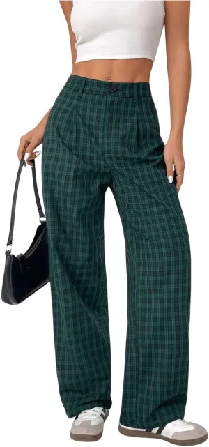 SOLY HUX Women's Plaid Pants Gingham High Waisted Baggy Straight Leg Casual Long Trousers