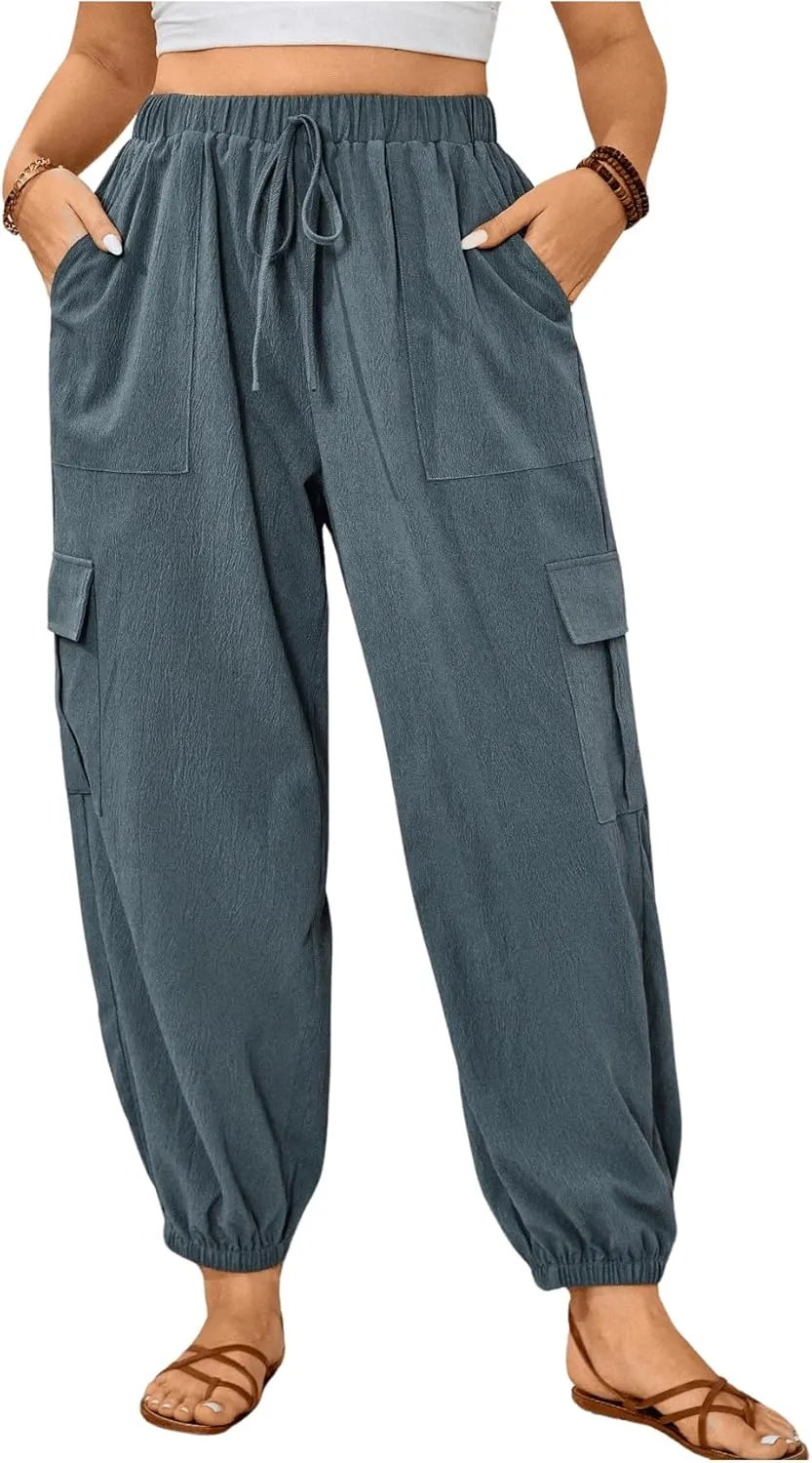 SOLY HUX Women's Plus Size High Waist Cargo Pants Casual Loose Baggy Jogger Pants Trousers Pockets