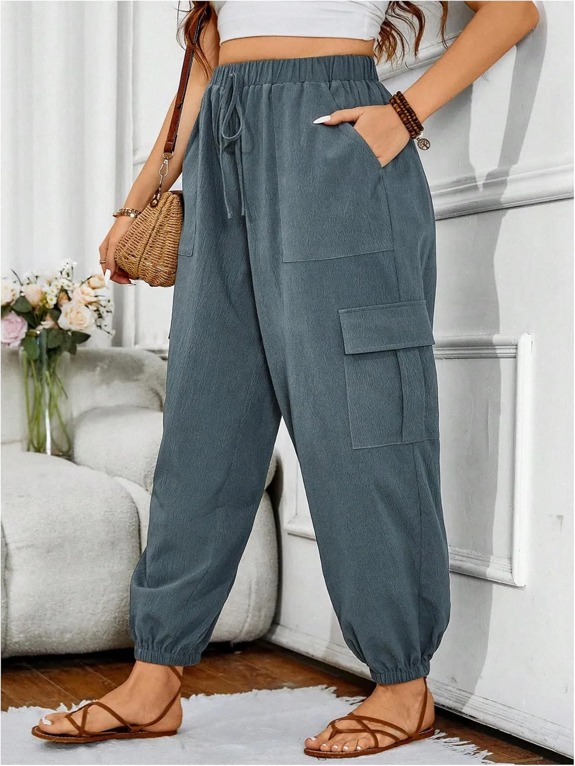 SOLY HUX Women's Plus Size High Waist Cargo Pants Casual Loose Baggy Jogger Pants Trousers Pockets