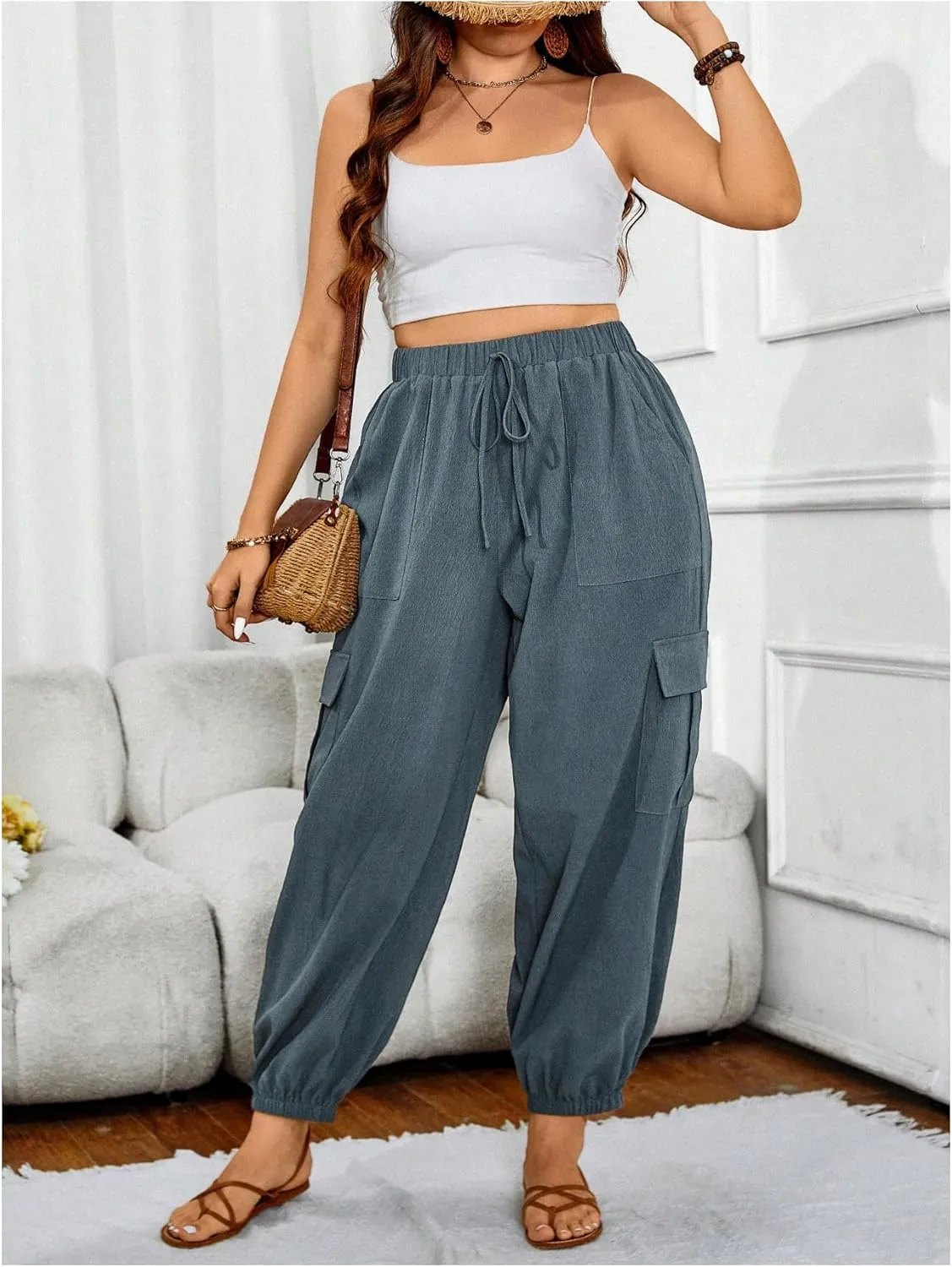 SOLY HUX Women's Plus Size High Waist Cargo Pants Casual Loose Baggy Jogger Pants Trousers Pockets