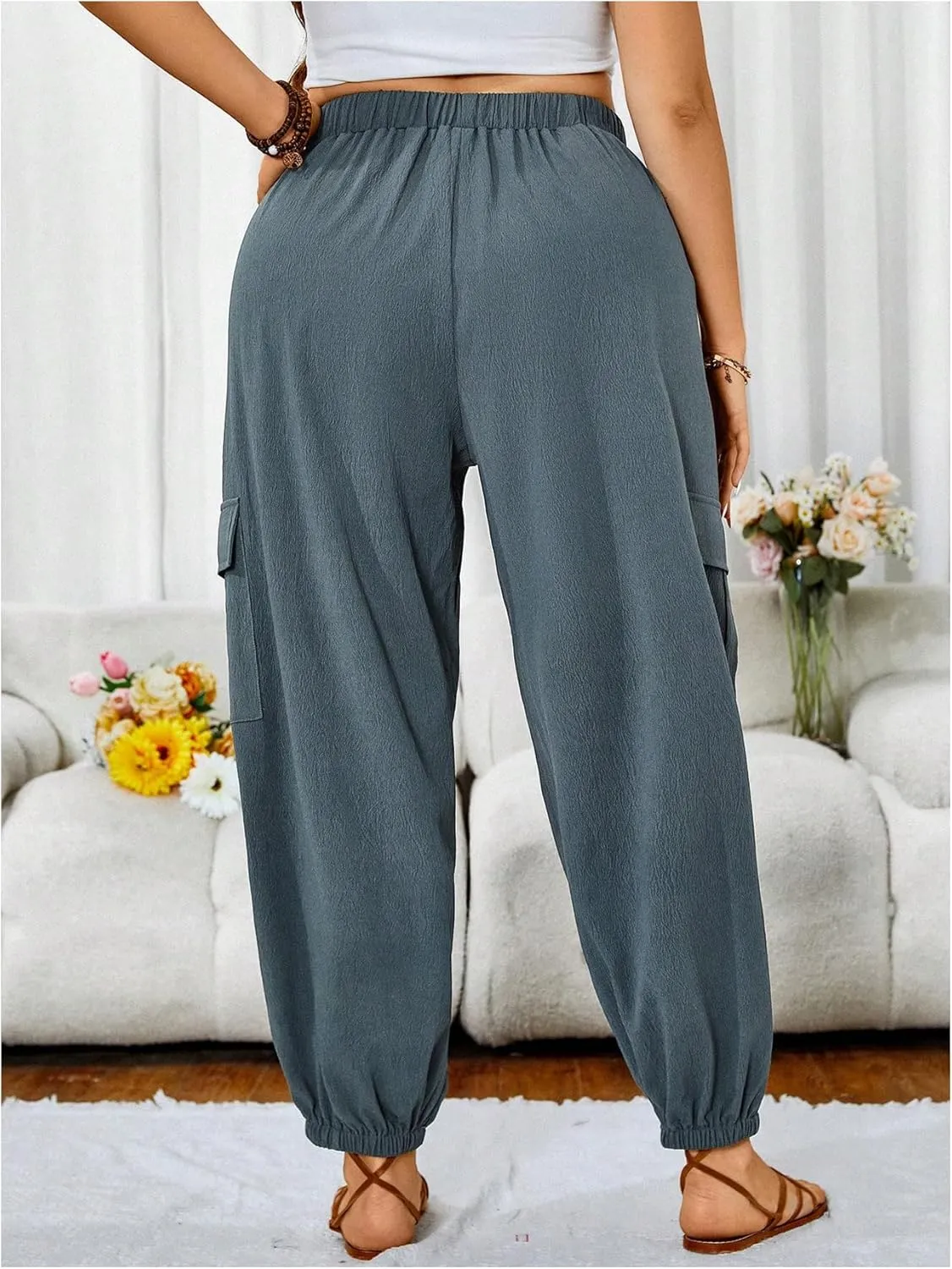 SOLY HUX Women's Plus Size High Waist Cargo Pants Casual Loose Baggy Jogger Pants Trousers Pockets