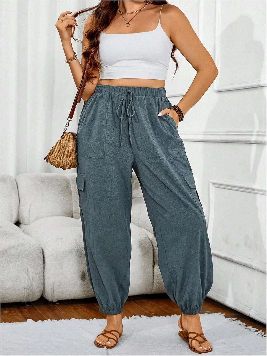 SOLY HUX Women's Plus Size High Waist Cargo Pants Casual Loose Baggy Jogger Pants Trousers Pockets