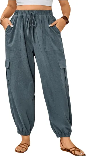 SOLY HUX Women's Plus Size High Waist Cargo Pants Casual Loose Baggy Jogger Pants Trousers Pockets