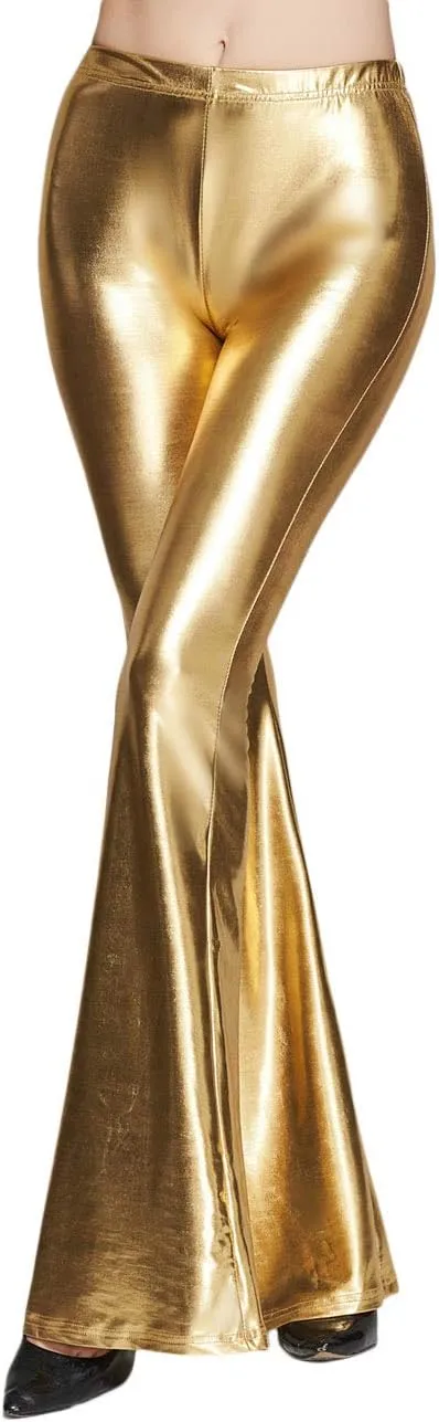 SOMTHRON Women's Elastic Waist Shinny Wide Leg Leggings Trousers High Waist Stretchy Leather Bell Bottoms Flare Pants