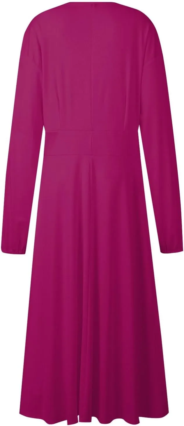 Spring Dresses for Women 2025,Women's 2025 Midi Dress Casual Long Sleeve V Neck Solid Color A Line Flowy Dresses