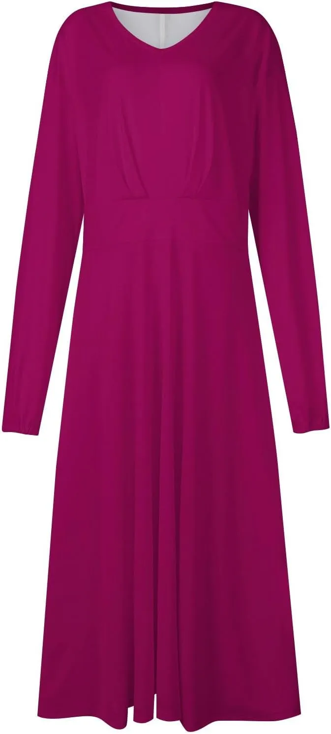 Spring Dresses for Women 2025,Women's 2025 Midi Dress Casual Long Sleeve V Neck Solid Color A Line Flowy Dresses