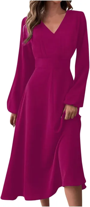 Spring Dresses for Women 2025,Women's 2025 Midi Dress Casual Long Sleeve V Neck Solid Color A Line Flowy Dresses