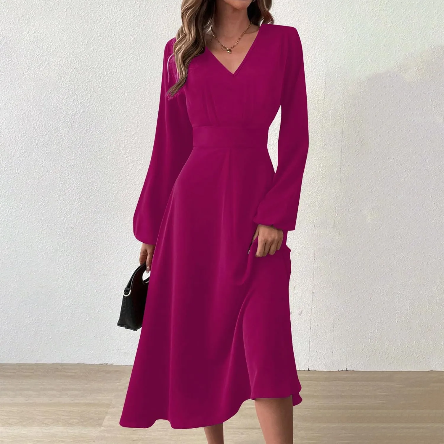 Spring Dresses for Women 2025,Women's 2025 Midi Dress Casual Long Sleeve V Neck Solid Color A Line Flowy Dresses