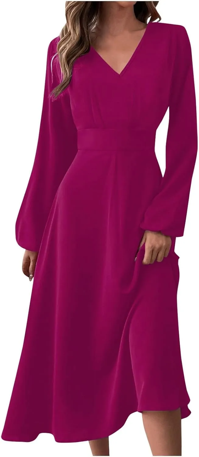 Spring Dresses for Women 2025,Women's 2025 Midi Dress Casual Long Sleeve V Neck Solid Color A Line Flowy Dresses