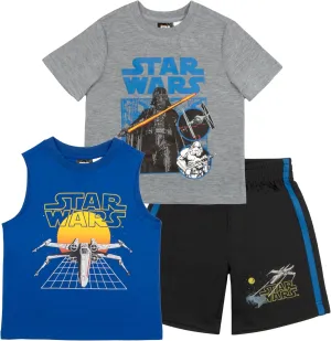 STAR WARS Boys 3-Piece Set - Short Sleeve T-Shirt, Tank Top and Shorts Summer Outfit Bundle for Kids and Toddlers