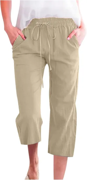 STYESH Capris for Women Casual Summer, Linen Pants High Waisted Loose Yoga Sweatpants Crop Pants with Pockets