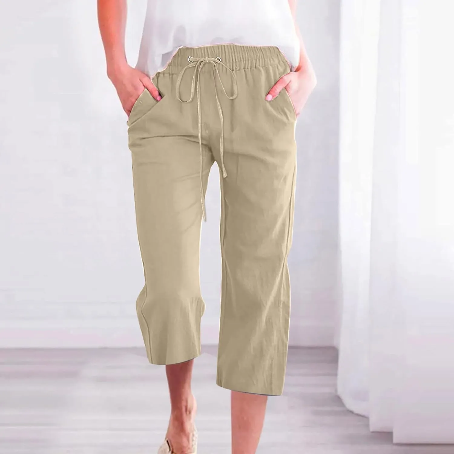 STYESH Capris for Women Casual Summer, Linen Pants High Waisted Loose Yoga Sweatpants Crop Pants with Pockets