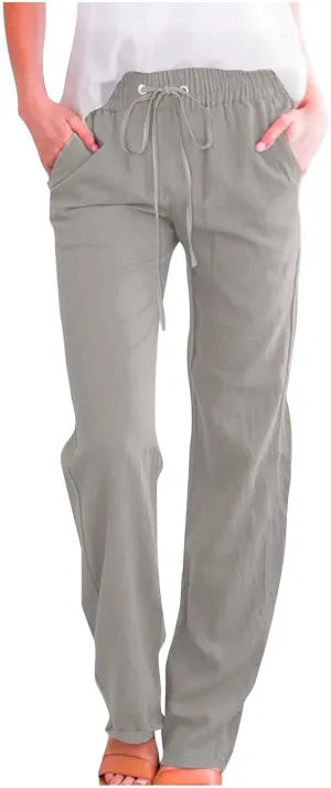 Summer Womens Linen Long Pants Wide Leg Palazzo Pants High Waisted Solid Color Lounge Trousers with Pockets