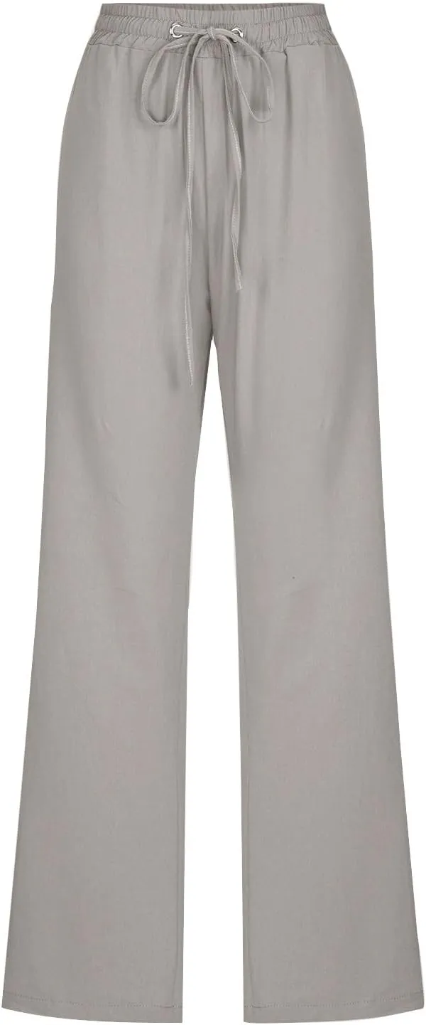 Summer Womens Linen Long Pants Wide Leg Palazzo Pants High Waisted Solid Color Lounge Trousers with Pockets