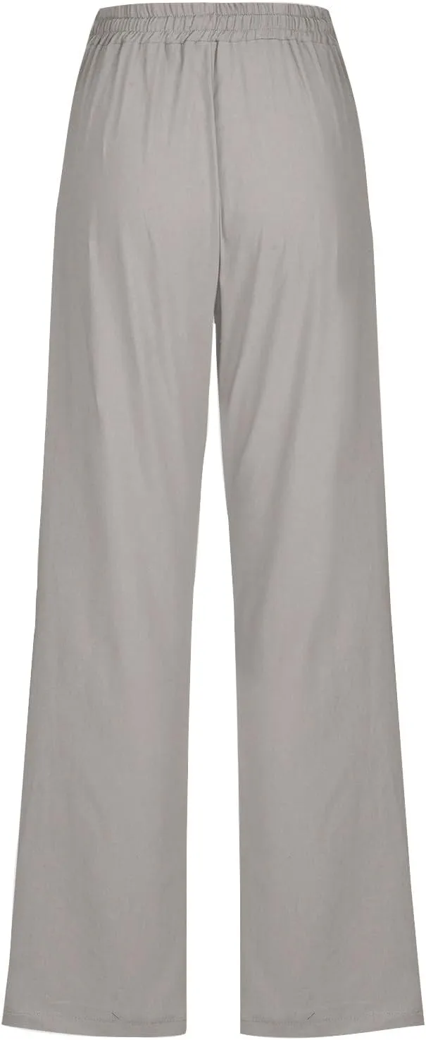Summer Womens Linen Long Pants Wide Leg Palazzo Pants High Waisted Solid Color Lounge Trousers with Pockets