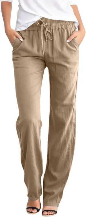 Summer Womens Linen Pants Soild High Waisted Trousers Linen Wide Leg Pants for Women Causal Dressy Drawstring Pants