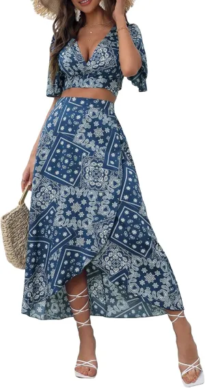 SweatyRocks Women's 2 Piece Outfit Floral Printed Short Sleeve Wrap Crop Top and Split Thigh Long Skirt Set