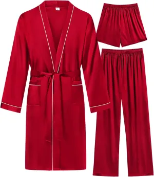 SWOMOG Mens 3 PCS Satin Robe with Pants & Shorts Set Kimono Bathrobe Long Sleeve Sleepwear Pjs Sets with Pockets